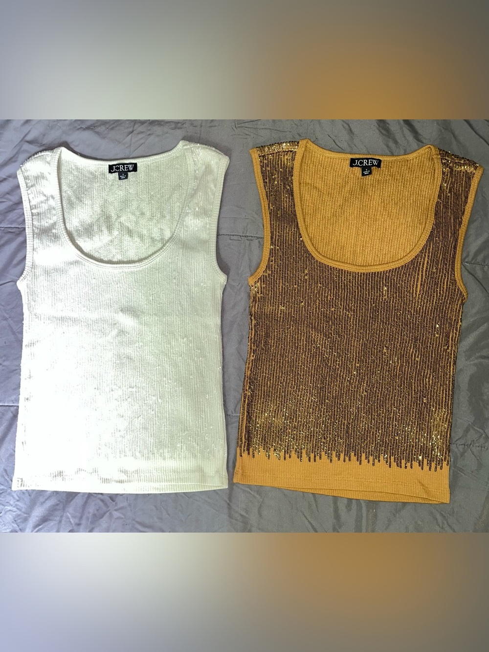 J. Crew Metallic Ribbed Tank Tops in Ivory and Gold - slightly cropped